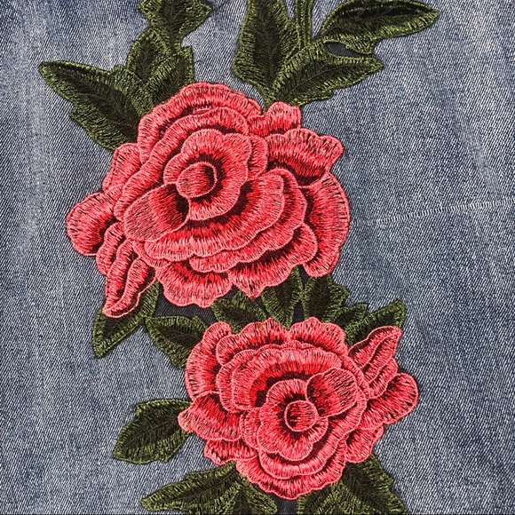 Women’s Distressed Floral Appliqués Denim Jacket L - Picture 9 of 16